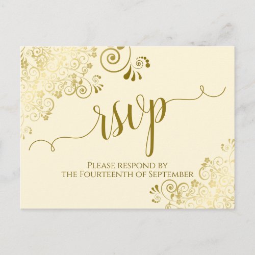 Lacy Gold Calligraphy Elegant Cream Wedding RSVP Postcard