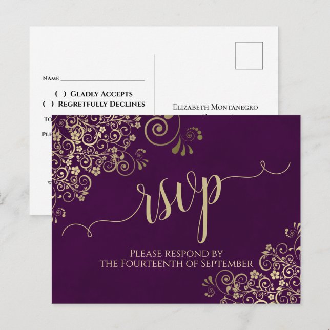 Lacy Gold Calligraphy Elegant Purple Wedding RSVP Postcard (Front/Back)