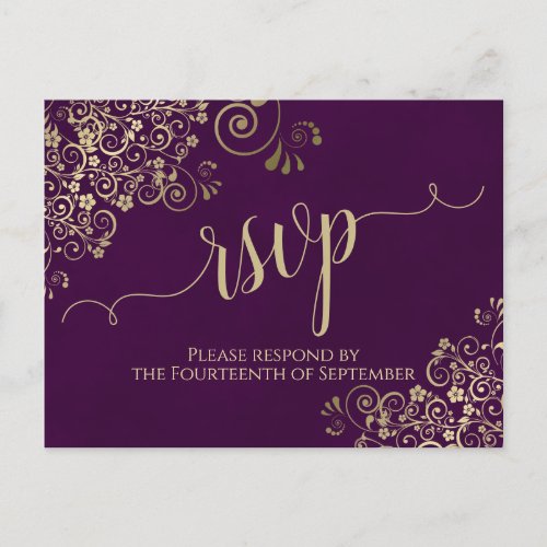 Lacy Gold Calligraphy Elegant Purple Wedding RSVP Postcard