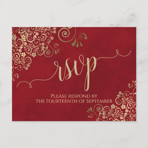 Lacy Gold Calligraphy Elegant Red Wedding RSVP Postcard