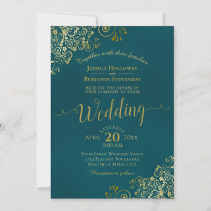 Lacy Gold Calligraphy Elegant Teal Wedding Invitation
