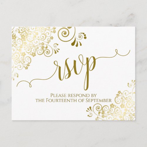 Lacy Gold Calligraphy Elegant White Wedding RSVP Postcard