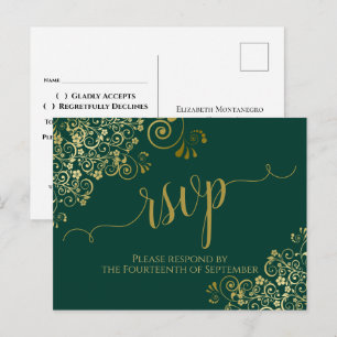 Lacy Gold Calligraphy Emerald Green Wedding RSVP Postcard