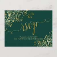 Lacy Gold Calligraphy Emerald Green Wedding RSVP