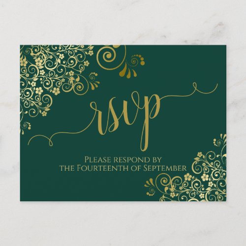 Lacy Gold Calligraphy Emerald Green Wedding RSVP Postcard