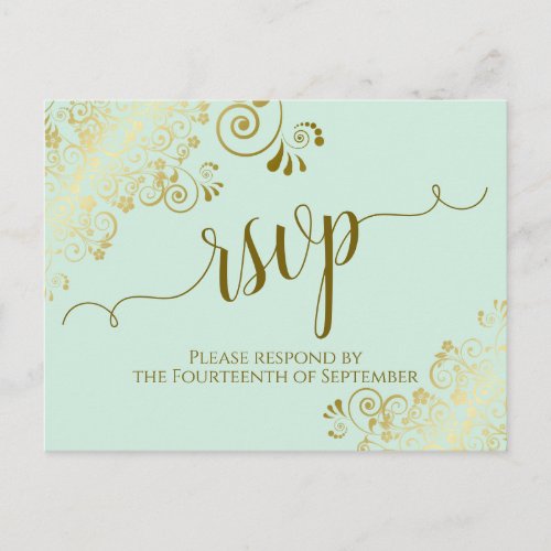 Lacy Gold Calligraphy Neo Mint Green Wedding RSVP Postcard