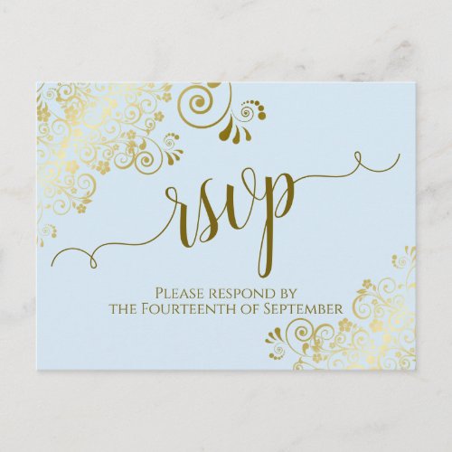 Lacy Gold Calligraphy Powder Blue Wedding RSVP Postcard