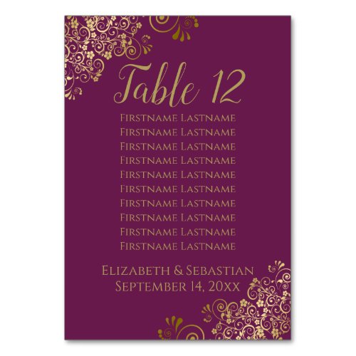 Lacy Gold Chic Cassis Purple Wedding Seating Chart Table Number