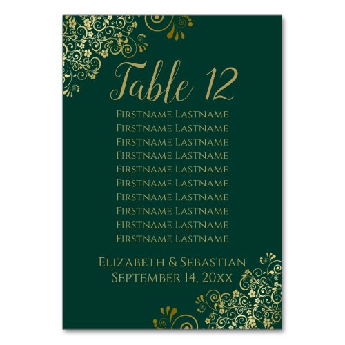 Lacy Gold Chic Emerald Green Wedding Seating Chart Table Number
