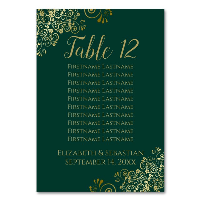 Lacy Gold Chic Emerald Green Wedding Seating Chart Table Number (Front)