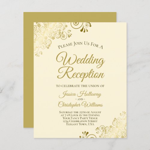 Lacy Gold  Cream Budget Wedding Reception Invite