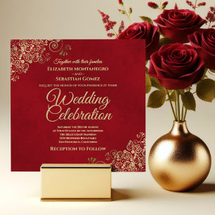 Lacy Gold Curls on Crimson Red Elegant Wedding Invitation