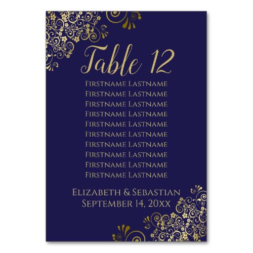 Lacy Gold Elegant Navy Blue Wedding Seating Chart Table Number