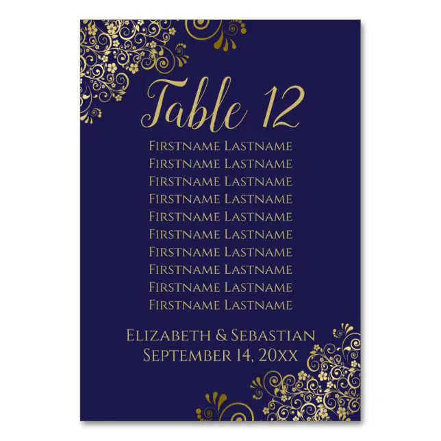 Lacy Gold Elegant Navy Blue Wedding Seating Chart Table Number | Zazzle