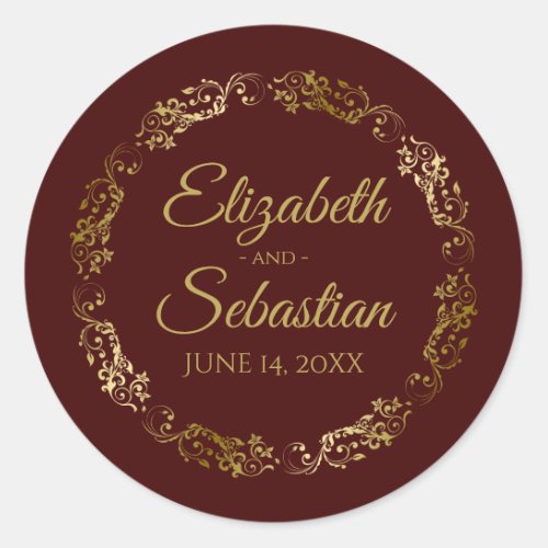 Lacy Gold Filigree Elegant Auburn Brown Wedding Classic Round Sticker