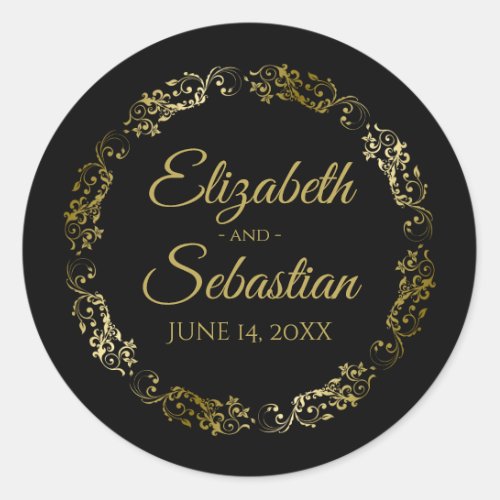 Lacy Gold Filigree Elegant Black Wedding Favor Classic Round Sticker