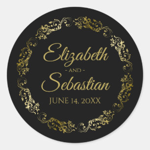 Lacy Gold Filigree Elegant Black Wedding Favor Classic Round Sticker