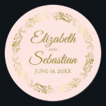 Lacy Gold Filigree Elegant Blush Pink Wedding Classic Round Sticker<br><div class="desc">These beautiful wedding stickers are feature gold text on a blush pink background with a gold faux foil floral border. The text is fully customizable and contains the wedding couple's names and wedding date. Great as favor tags or envelope seals!</div>