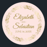 Lacy Gold Filigree Elegant Blush Pink Wedding Classic Round Sticker<br><div class="desc">These beautiful wedding stickers are feature gold text on a blush pink background with a gold faux foil floral border. The text is fully customizable and contains the wedding couple's names and wedding date. Great as favor tags or envelope seals!</div>