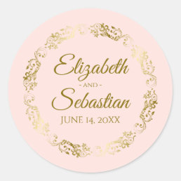 Lacy Gold Filigree Elegant Blush Pink Wedding Classic Round Sticker