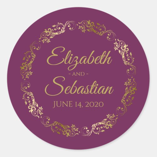 Lacy Gold Filigree Elegant Cassis Purple Wedding Classic Round Sticker