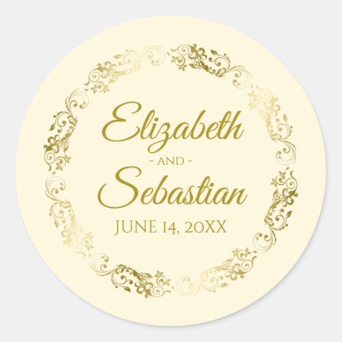 Lacy Gold Filigree Elegant Cream Wedding Favor Classic Round Sticker