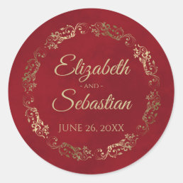 Lacy Gold Filigree Elegant Crimson Red Wedding Classic Round Sticker