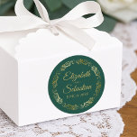 Lacy Gold Filigree Elegant Emerald Green Wedding Classic Round Sticker<br><div class="desc">These elegant wedding stickers feature fancy gold script text on an emerald green background with a lacy gold faux foil floral border. The text is fully customizable and contains the wedding couple's names and wedding date. Great as favor tags or envelope seals!</div>
