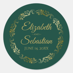 Lacy Gold Filigree Elegant Emerald Green Wedding Classic Round Sticker