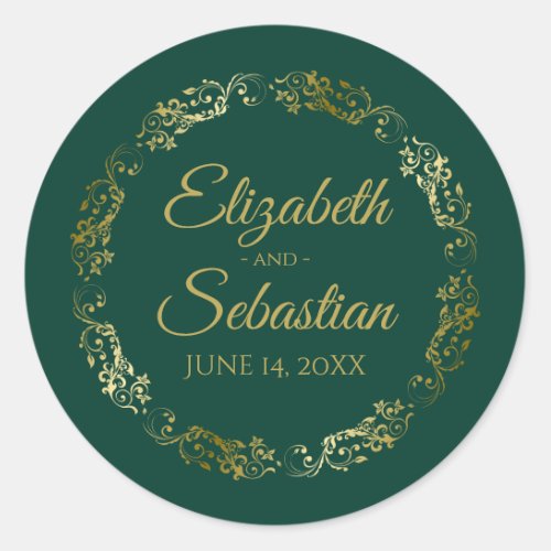 Lacy Gold Filigree Elegant Emerald Green Wedding Classic Round Sticker
