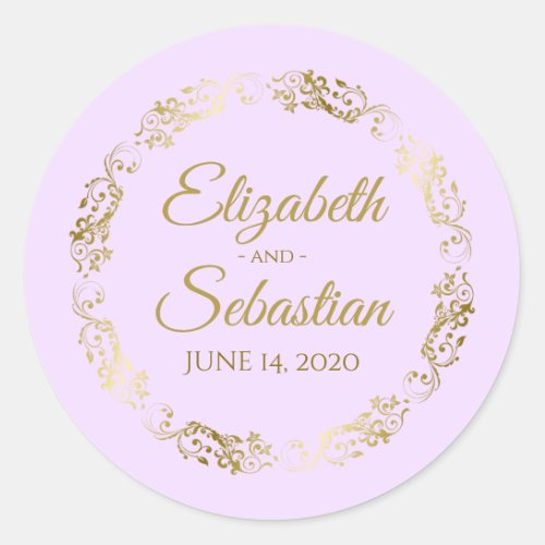 Lacy Gold Filigree Elegant Lilac Purple Wedding Classic Round Sticker