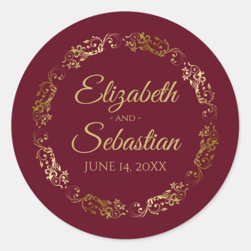 Lacy Gold Filigree Elegant Maroon Burgundy Wedding Classic Round Sticker