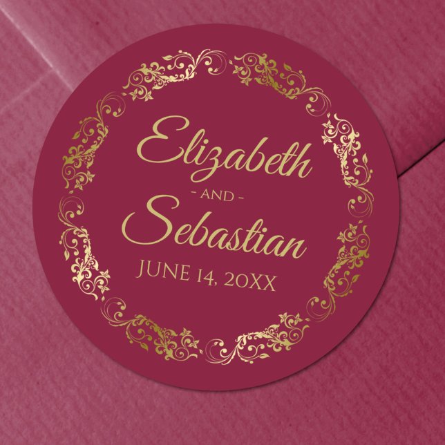 Lacy Gold Filigree Elegant Maroon Burgundy Wedding Classic Round Sticker (Creator Uploaded)