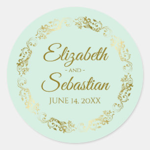 Lacy Gold Filigree Elegant Neo Mint Green Wedding Classic Round Sticker