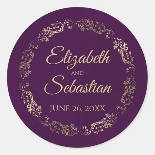 Lacy Gold Filigree Elegant Plum Purple Wedding Classic Round Sticker