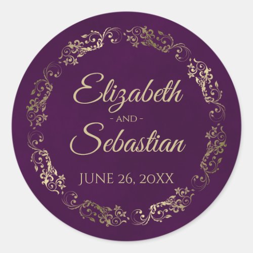 Lacy Gold Filigree Elegant Plum Purple Wedding Classic Round Sticker