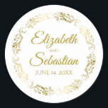 Lacy Gold Filigree Elegant Wedding Favor Classic Round Sticker<br><div class="desc">These beautiful stickers are designed to coordinate with our Gold Foil Elegant Wedding Suite. They feature gold text on a white background with a gold faux foil floral border. The text is fully customizable and contains the wedding couple's names and wedding date. Great as favor tags!</div>