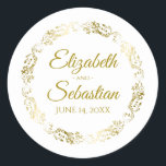 Lacy Gold Filigree Elegant Wedding Favor Classic Round Sticker<br><div class="desc">These beautiful stickers are designed to coordinate with our Gold Foil Elegant Wedding Suite. They feature gold text on a white background with a gold faux foil floral border. The text is fully customizable and contains the wedding couple's names and wedding date. Great as favor tags!</div>