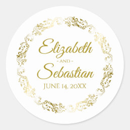 Lacy Gold Filigree Elegant Wedding Favor Classic Round Sticker