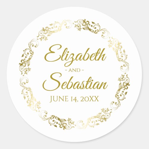 Lacy Gold Filigree Elegant Wedding Favor Classic Round Sticker