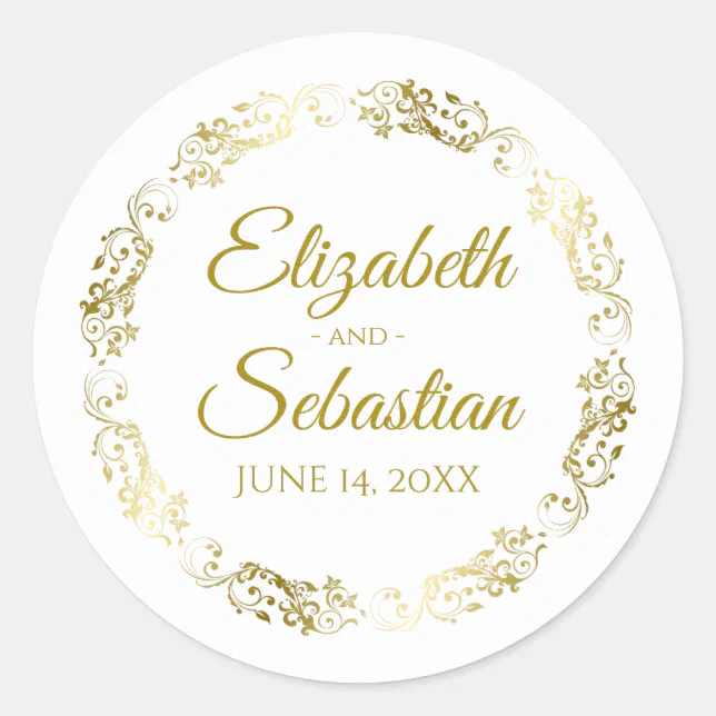 Lacy Gold Filigree Elegant Wedding Favor Classic Round Sticker Zazzle