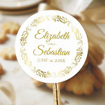 Lacy Gold Filigree Elegant Wedding Favor Classic Round Sticker<br><div class="desc">These beautiful stickers are designed to coordinate with our Gold Foil Elegant Wedding Suite. They feature gold text on a white background with a gold faux foil floral border. The text is fully customizable and contains the wedding couple's names and wedding date. Great as favor tags!</div>