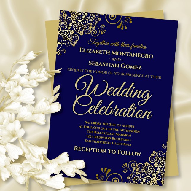 Lacy Gold Filigree on Navy Simple Elegant Wedding Invitation (Front/Back)