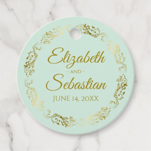 Lacy Gold Frills Border Elegant Mint Green Wedding Favor Tags