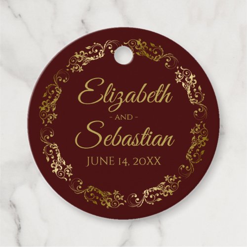 Lacy Gold Frills Elegant Auburn Brown Wedding Favor Tags