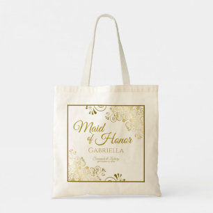 Lacy Gold Frills Elegant Maid of Honor Wedding Tote Bag