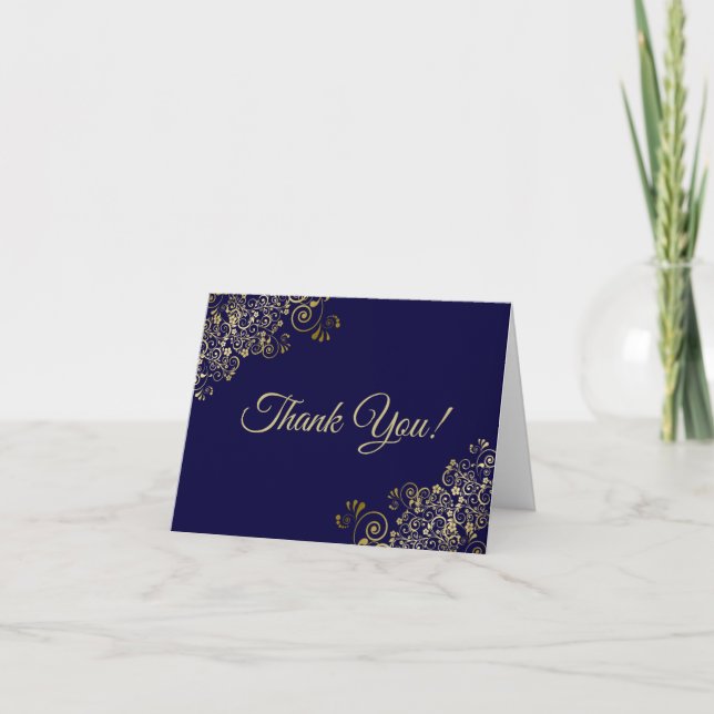 Lacy Gold Frills Elegant Navy Blue Wedding Photo Thank You Card (Front)