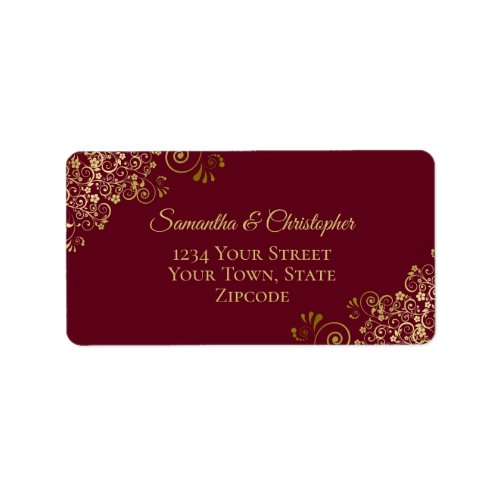 Lacy Gold Frills Maroon Burgundy Wedding Address Label
