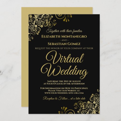 Lacy Gold Frills on Black Elegant Virtual Wedding Invitation