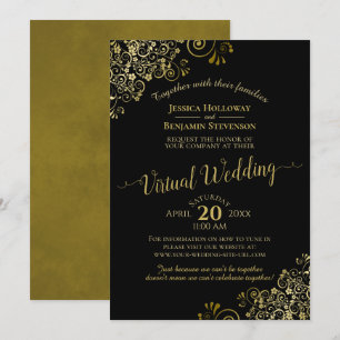 Lacy Gold Frills on Black Elegant Virtual Wedding Invitation